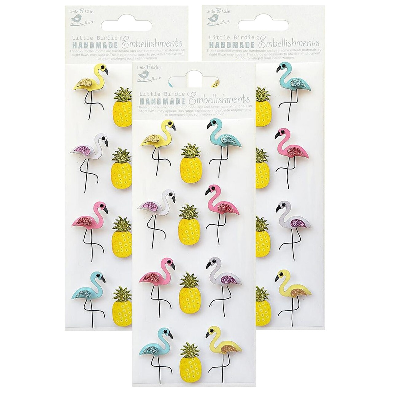 Pack of 3 - Little Birdie Glitter Embellishment 12/Pkg-Pelican & Pineapple